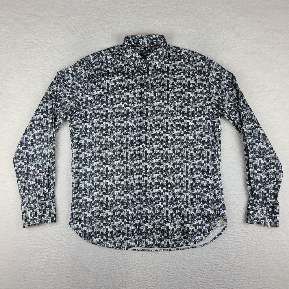 Visconti Black Shirt Mens Medium‎ Blue Black Geometric Preppy Dress Button Up
